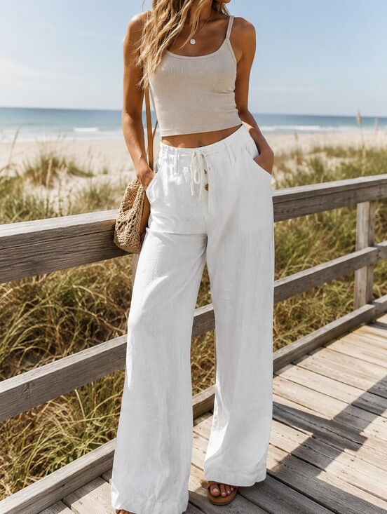 Derek Heart Pants - Derek Heart White Linen Blend Wide Leg Pants Relaxed Beach Drawstring Button 8